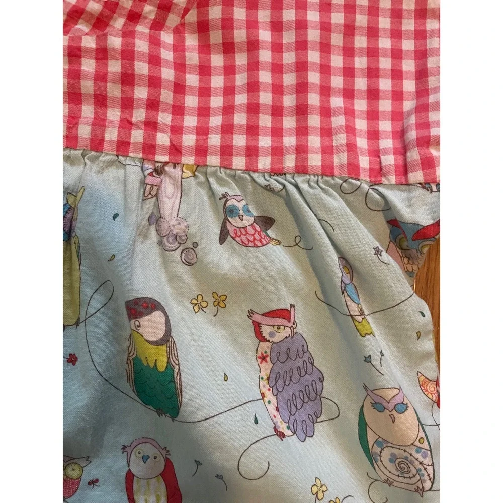 RedBeans Girls Owl Print Gingham Check Dress Blue Red 3T Short Sleeve Pockets
